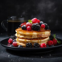 Pancakes with fresh berries and honey on a dark plate