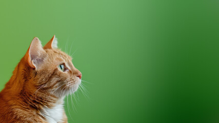 An orange cat captured in a profile view with a focused gaze to the side, set against a fresh green...