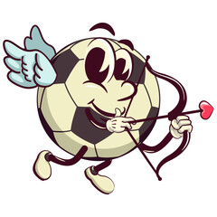 football soccer ball cartoon vector isolated clip art illustration mascot being cupid with arrow of love, vector work of hand drawn