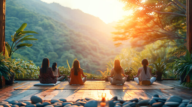Wellness retreat setting, with people engaging in yoga, meditation and healthy dining options. Promoting holistic well-being and self-care in tranquil environment with mountains