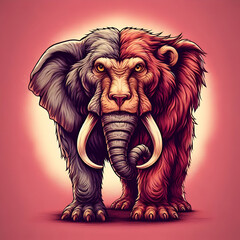 AI illustration of a vibrant mammoth head with large tusks and flowing mane