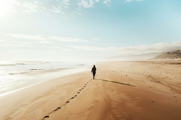 person walking on a beach with footprints in the sand and sky above