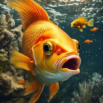 AI generated illustration of goldfish with open mouth and bared teeth
