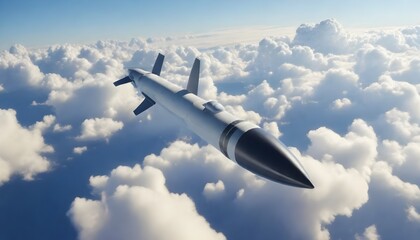 Hypersonic missile. A combat rocket is flying above the clouds. Missile attack, air attack, war, missile strike - obrazy, fototapety, plakaty