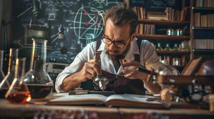 A focused scientist examining a specimen with a magnifying glass in a classic laboratory setting.

