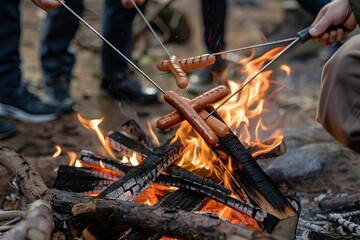 the hotdogs are being cooked over the bonfire with tongs - obrazy, fototapety, plakaty