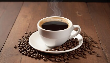 Fototapeta premium Hot Coffee cup and coffee beans roating on the wooden table