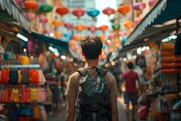 a man in a backpack walks down a street surrounded by colorful paper lanterns