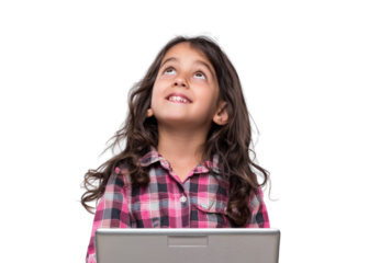 Girl Using Laptop With Imaginary Background