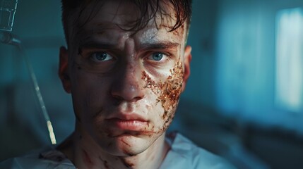 AI generated illustration of a man with bloodied face and nails, glancing away from camera - obrazy, fototapety, plakaty