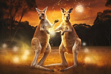 Kangaroos playing with glowing balls in an open field.