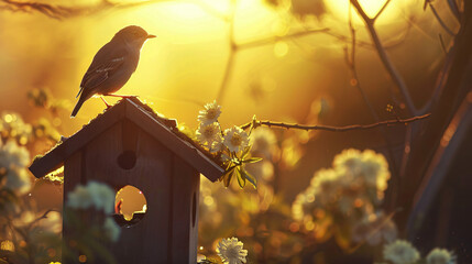 A bird perches on top of a birdhouse in the warm glow - obrazy, fototapety, plakaty