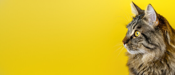 A long-haired cat looks away with a majestic posture against a sunny yellow background, embodying...