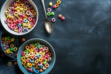 two bowls filled with colorful cereal sitting on top of a black counter