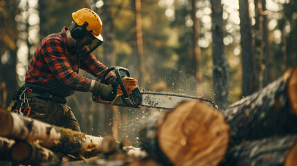 A chainsaw-wielding lumberjack cuts trees in the forest