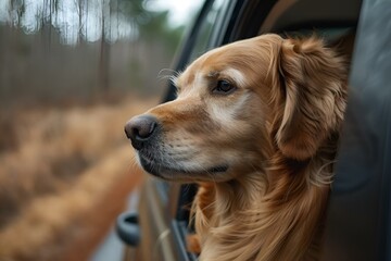 Dog gazes out a car window amidst trees, AI-generated.