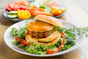 Vegan chickpeas burgers with salad on a white plate