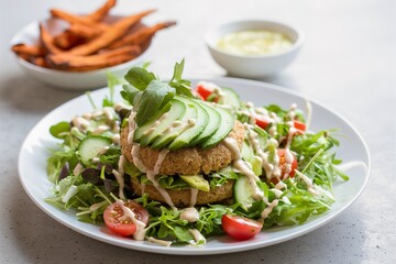 Vegan chickpeas burgers with salad on a white plate