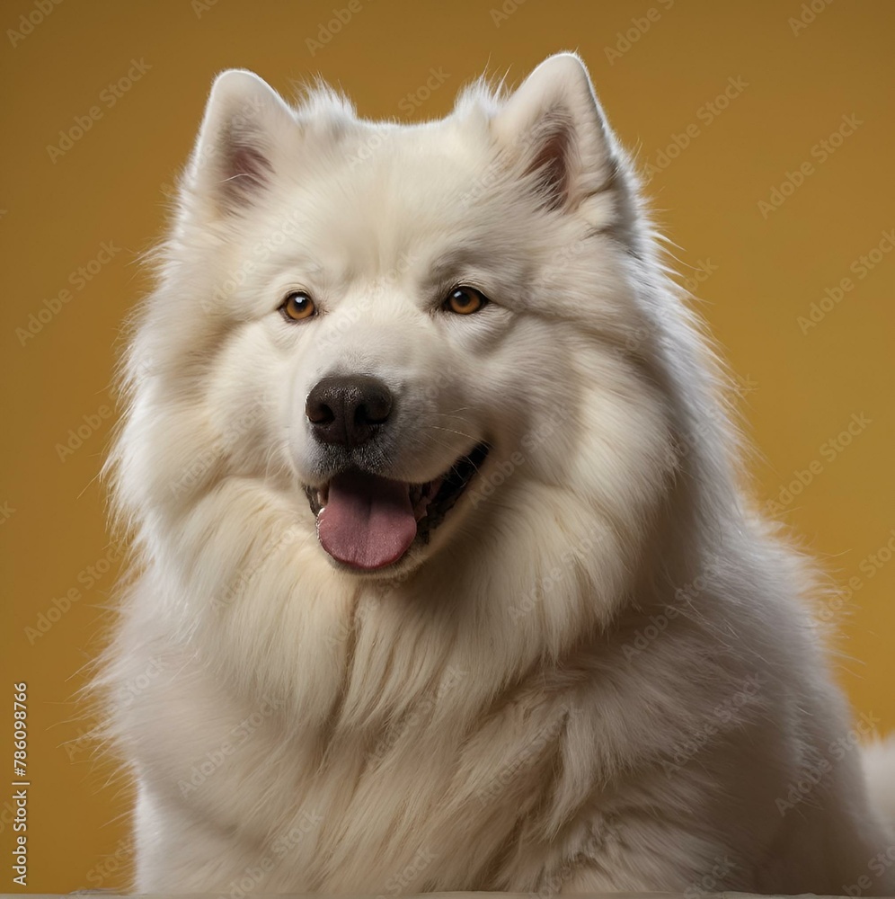 Wall mural a white dog with his tongue hanging out sitting on a table