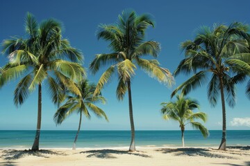 Fototapeta na wymiar Serene Tropical Beachscape with Lush Palm Trees at Sunset