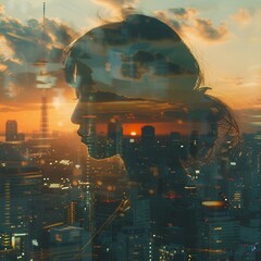 AI generated illustration of a woman's silhouette against the city at sunset in double exposure