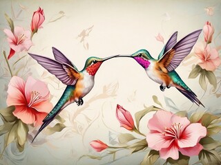  hummingbirds floral background, calm, peaceful, painterly, wallpaper, printed, poste
