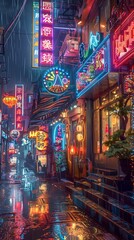 Neon Lit Alleyway in Captivating Asian Cityscape at Enchanting Night