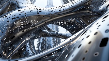 Fototapeta premium Illustrate a futuristic soccer stadium in Virtual Reality with a high-angle view Include sleek architecture, holographic displays, and vibrant lighting to convey a cutting-edge sports experience using