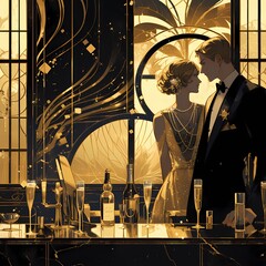 Luxurious Celebration: A Couple Shares a Romantic Moment at an Exclusive Art Deco-Inspired Event