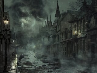 A gloomy street in a deserted town with eerie shadows - obrazy, fototapety, plakaty