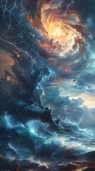 Dramatic Anime Inspired Oceanic Tornado Portraying Nature s Fierce Fury with Mythical Creatures and Lightning Strikes