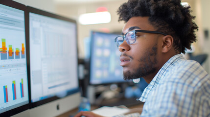 Fototapeta premium A student analyzing data on a computer for his research project.
