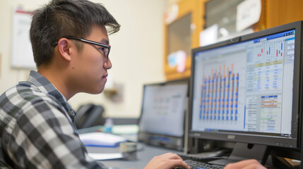A student analyzing data on a computer for his research project.