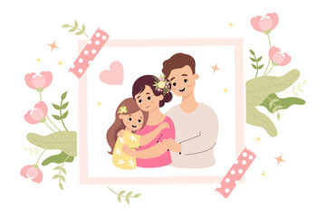 Cute Happy family. Photo card with portrait of man father hugging his beautiful wife and daughter. Holiday photo frame with soft pink flowers. Vector illustration