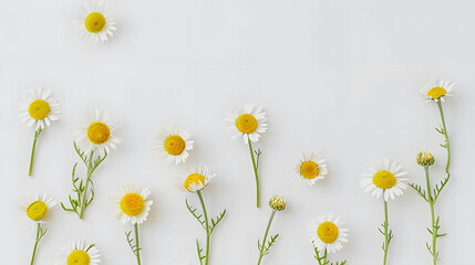 Chamomile daisy flower buds on white background. Flat lay, top view flower background - obrazy, fototapety, plakaty