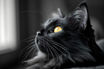 a black cat with long hair stares up from its perch - obrazy, fototapety, plakaty