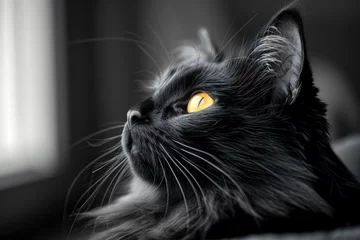 Fotobehang a black cat with long hair stares up from its perch © Wirestock