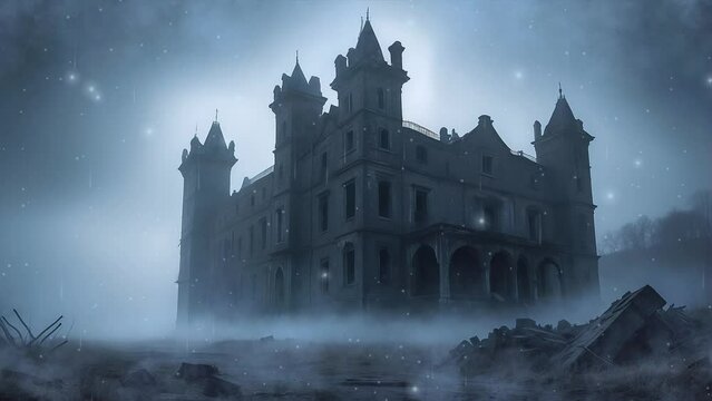 Witness the timeless beauty of old castle ruins shrouded in swirling fog, depicted in this mesmerizing 4K looping video