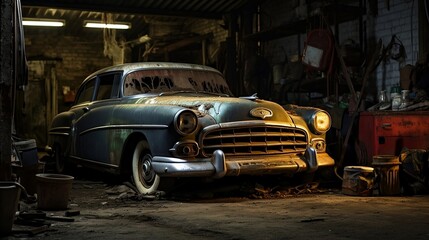 old cars are parked in an unfinished garage at night time