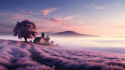 a small house in a lavender field, a beautiful spring landscape, morning in nature lavender flowers