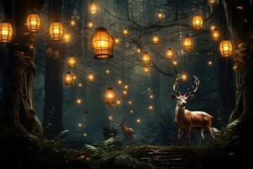 Deer prancing through a forest adorned with hanging lanterns.