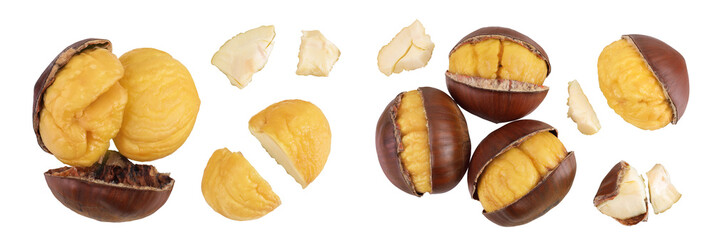 roasted peeled chestnut isolated on white background wit full depth of field. Top view. Flat lay