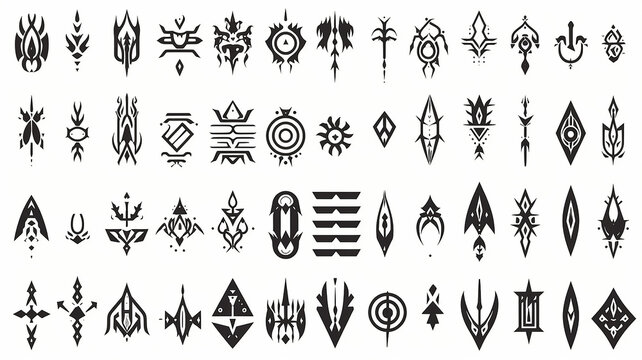 set of fictional symbols of rune icons on a white background, mystical logos and signs collection on white