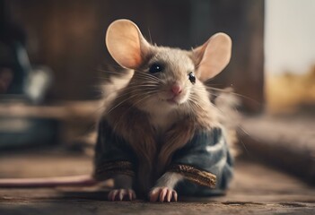 a small mouse in a sweater sitting on the ground, with its paws on a - obrazy, fototapety, plakaty