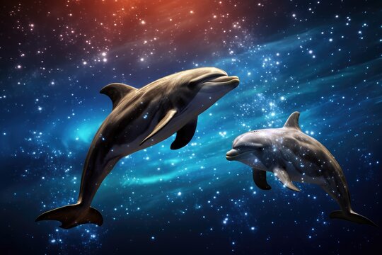 Dolphins leaping in the ocean under a starry sky with lights.