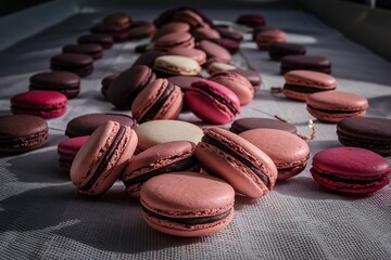 Chocolate and raspberry french macarons with ganache filling on a white table