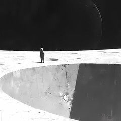 Embark on an Epic Voyage with a Solitary Astronaut on the Edge of a Lunar Crater - obrazy, fototapety, plakaty