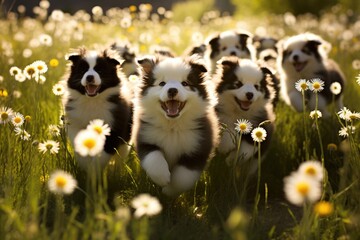 Puppies romping in a field of glowing dandelions.