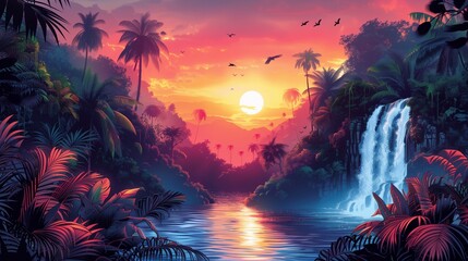 Vibrant jungle sunset with waterfall, AI-generated.