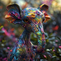 AI generated illustration of a vibrant giraffe figurine amidst foliage